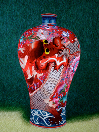 乱针绣平针绣结合《龙瓶》心50 38  框8870  精品刺绣作品   1-4丝绣制